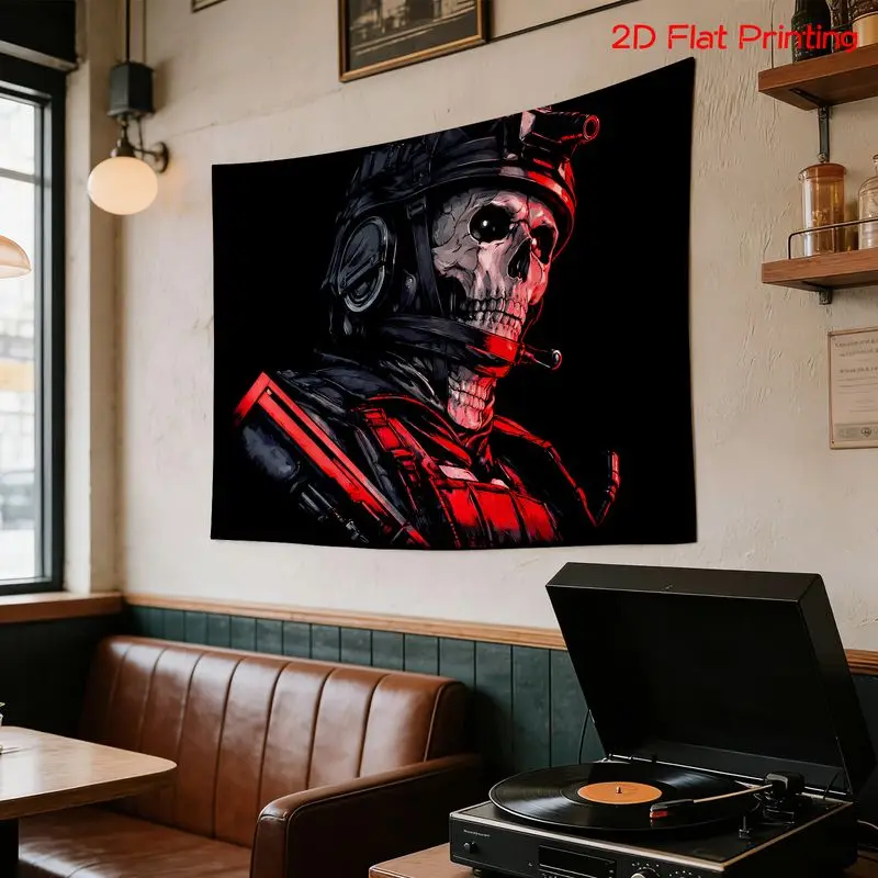 VIKAMA Red Black Tactical Helmet Skull Dark Tapestry Background Military Fans Trendy Cool Wall Decoration Room Decoration