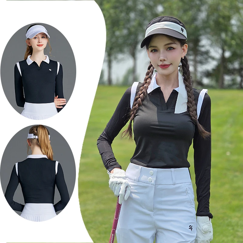 

SG Golf Clothing Women Long Sleeve Sunscreen Top Summer Korean V-Neck Sports Shirt Cooling Quick Dry Slim Golf T-shirts Ice Silk