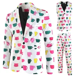Men Jacket Suit 3PCS SD Printed Slim Fit Blazer Valentine Day Casual Coat Shirt Vest Casual Pants Wedding Party Outfit