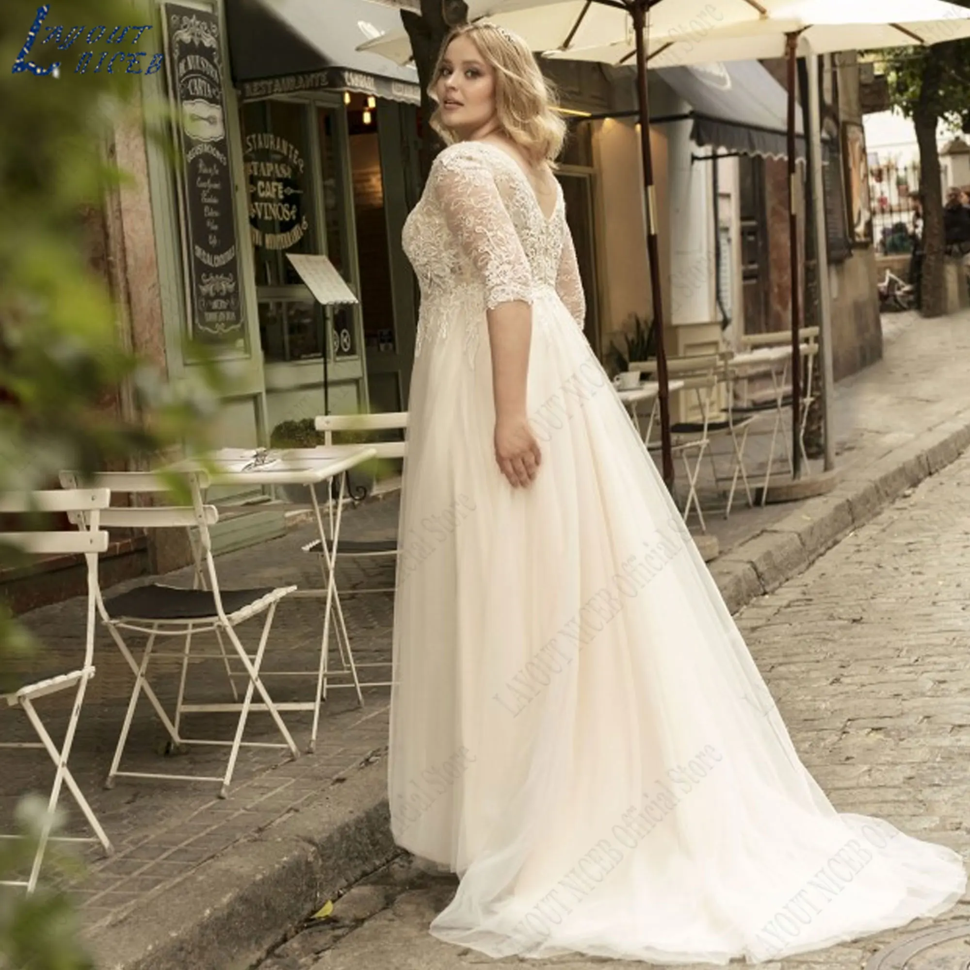 LAYOUT NICEB Kanten V-hals A-lijn Trouwjurken Half mouwen Backless Bruidsjurken Groot formaat dames Tulle vestidos novias bodaLAYOUT NICEB Kant V-hals A-Lijn Bruidsjurken Half Mouwen Backless Bruidsjurken Grote Maat Vr