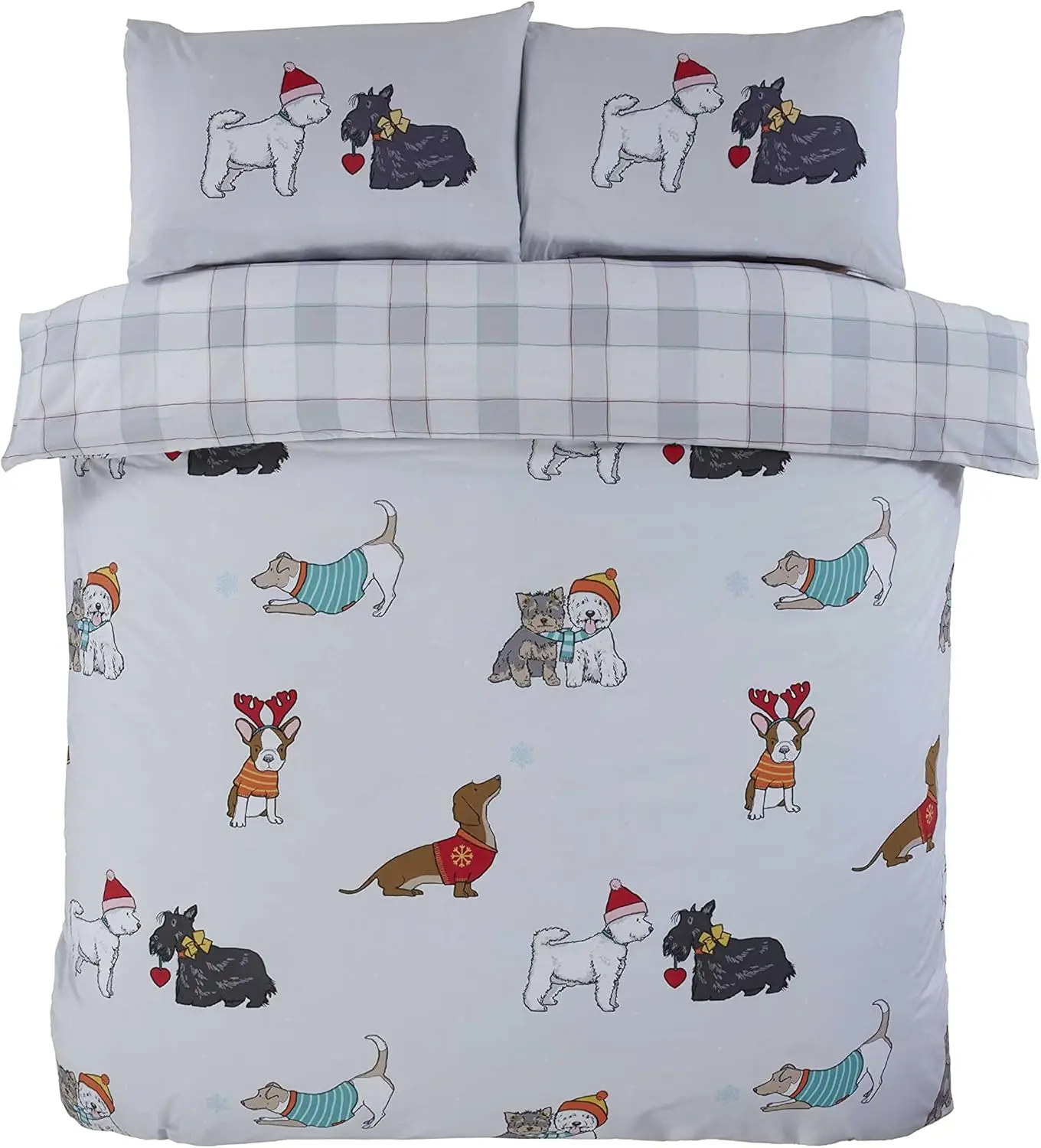 Christmas Dog Duvet Cover Set, Poly, Multi, Single 2 Pillowcases Zipper Closure Soft Microfiber Bedding Set Queen King Size