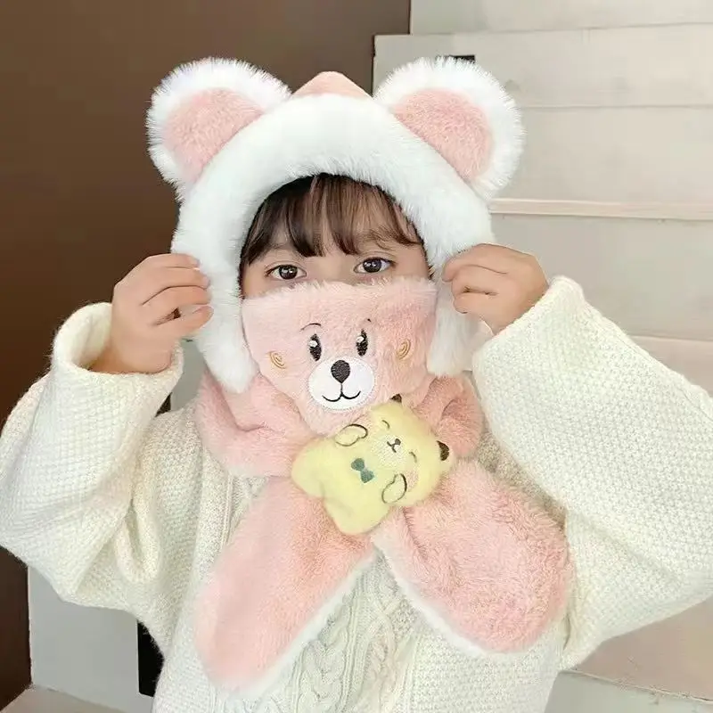 Children's Winter Hat Scarf Boys Girls' Velvet Hat Windproof Cold Ear Protection Mask Detachable 3-piece Set 4m831 3