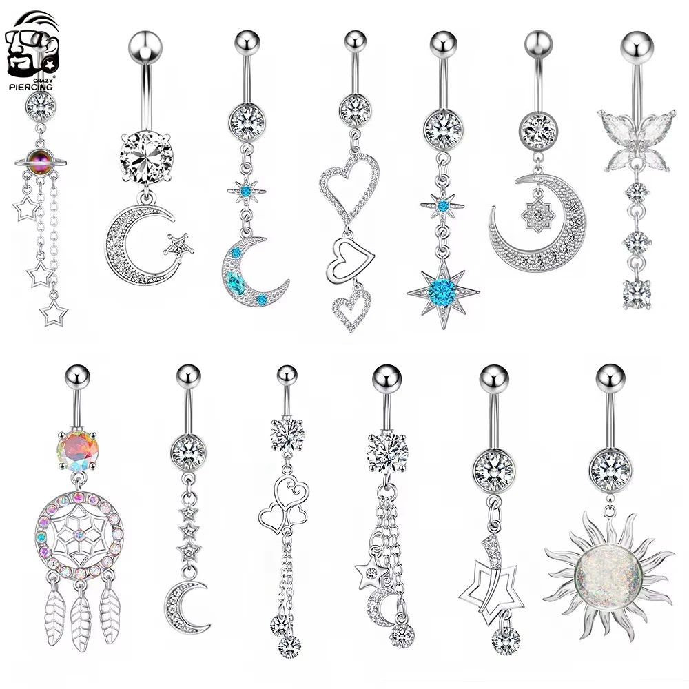 Blue Crystals Belly Button Rings Women Dangle Surgical Steel Navel Rings Cubic Zirconia Star Moon Piercing Ombligo Oreja Jewelry