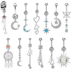 Blue Crystals Belly Button Rings Women Dangle Surgical Steel Navel Rings Cubic Zirconia Star Moon Piercing Ombligo Oreja Jewelry