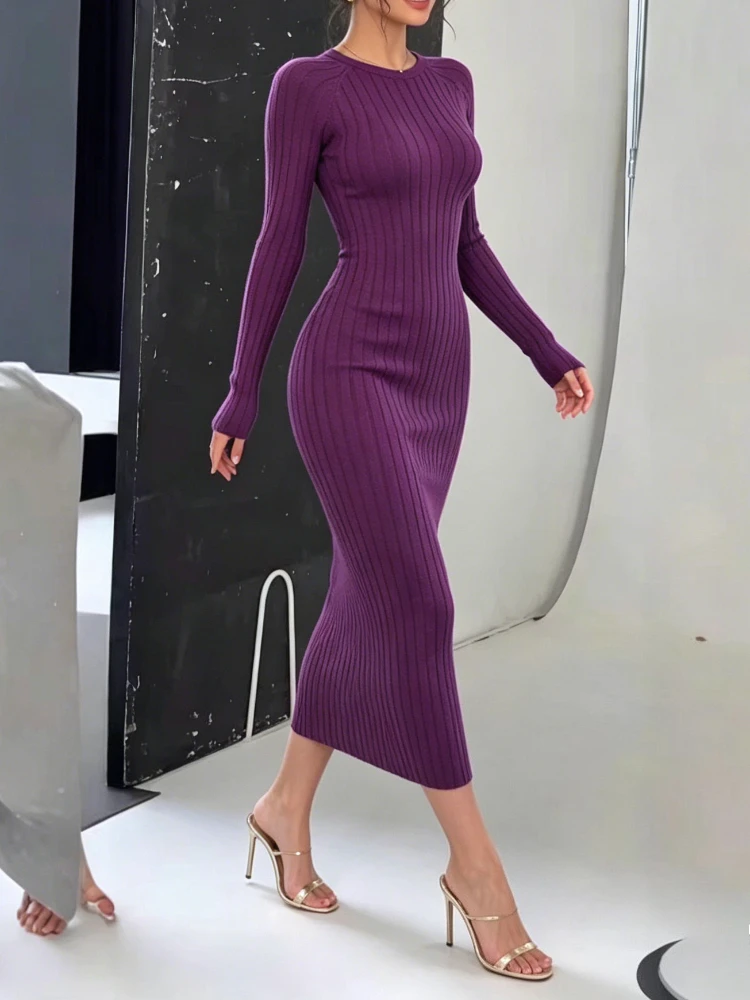 Damen Maxikleid aus geripptem Strick, langärmelig, mit Rundhalsausschnitt, elastisch, figurbetont, Pulloverkleid, einfarbig, elegant, für Partys und Freizeit, Bleistiftkleid, langes Kleid – Detail 2