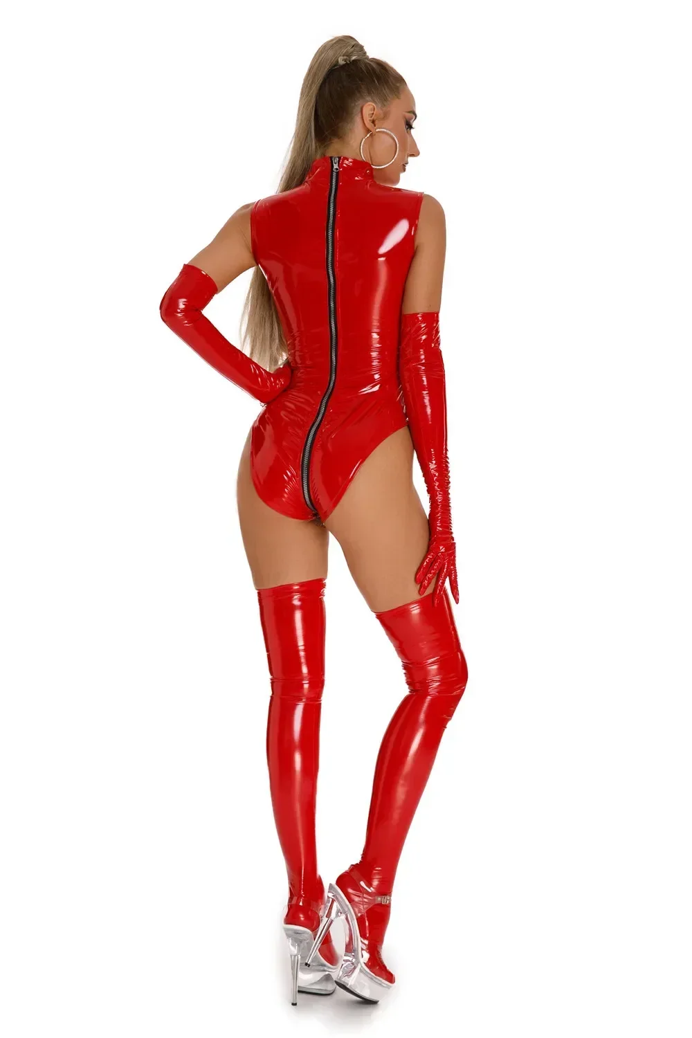 Body de látex brillante de PVC para mujer, traje Sexy de piel sintética con cremallera, monos con entrepierna abierta, medias elásticas, disfraces eróticos