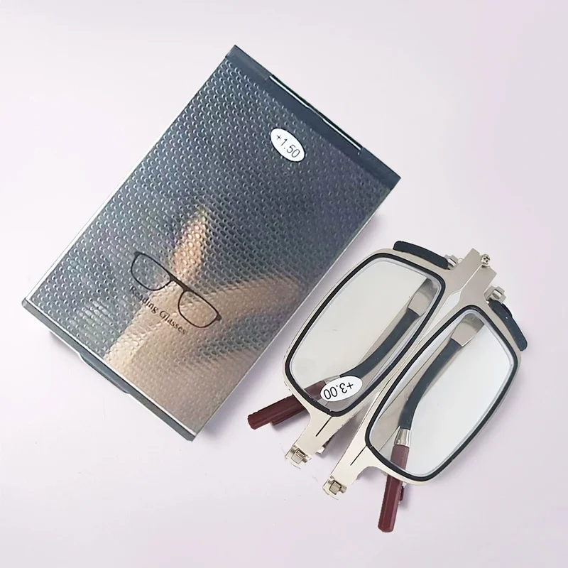 Metall-Klapp-Lesebrille für Herren, tragbar, ultraleicht, Anti-Blaulicht-Linse, Presbyopie-Brille, rechteckige Damenbrille