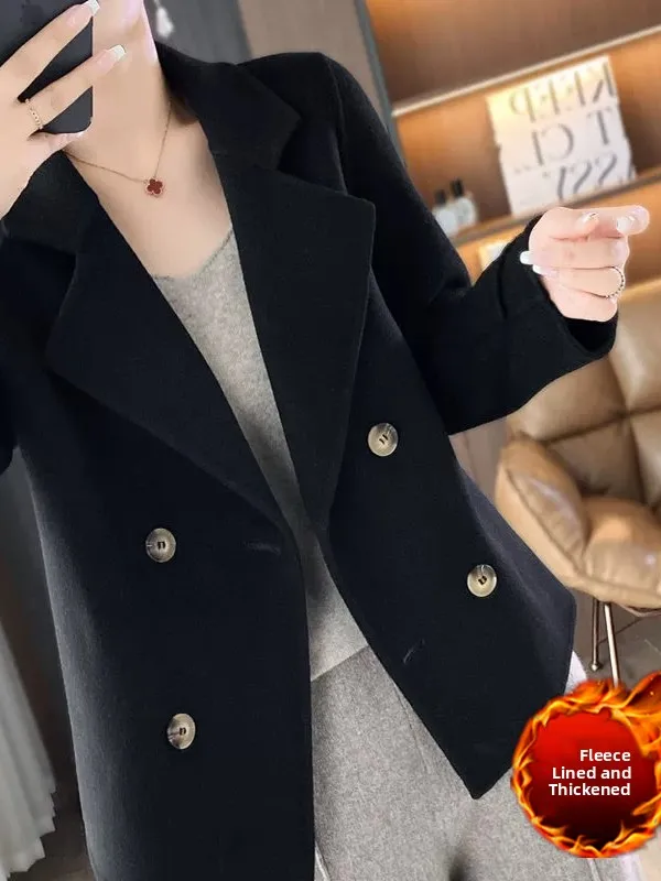 plus Size Women's Woolen Coat Thickened Suit Collar Winter Outerwear Slimming High Waist Korean Style Long Sleeve Jacket