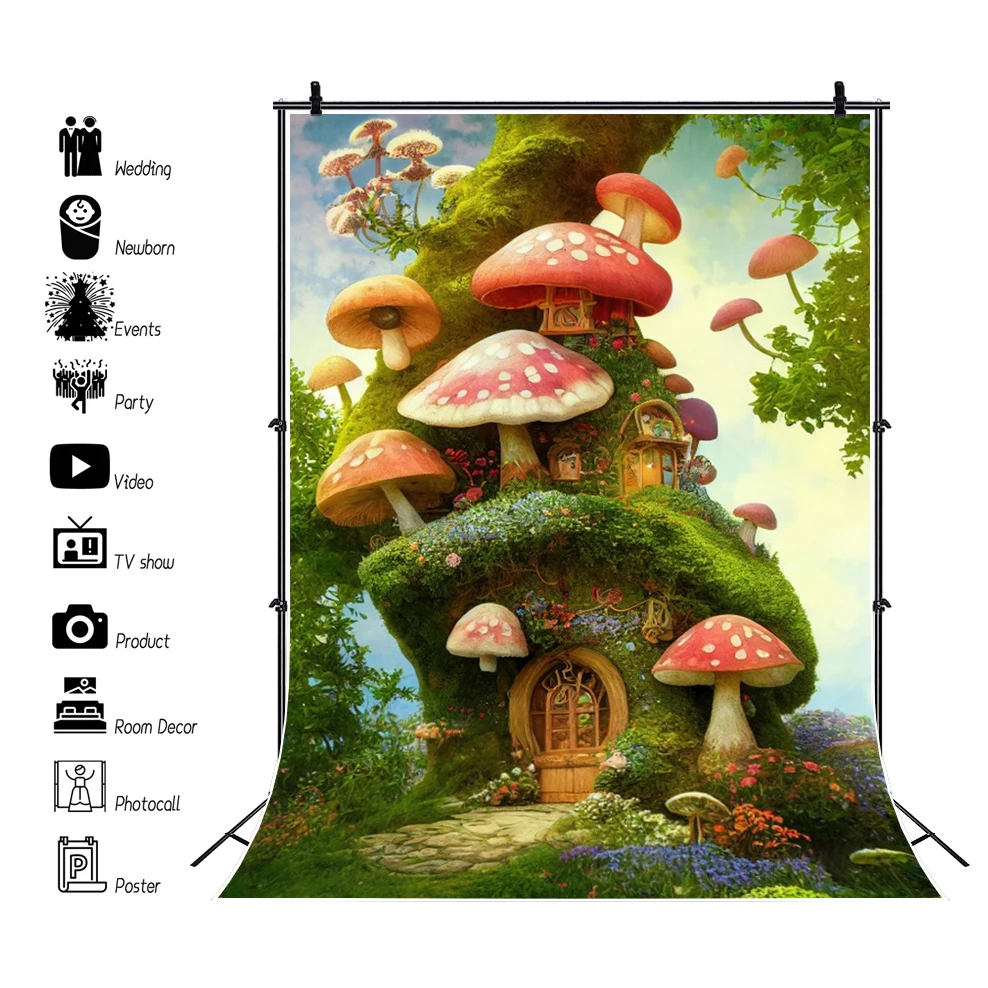 写真、緑、キノコ、素晴らしいランドの背景、ベビーシャワー、誕生日パーティーバナー、写真スタジオの森の背景