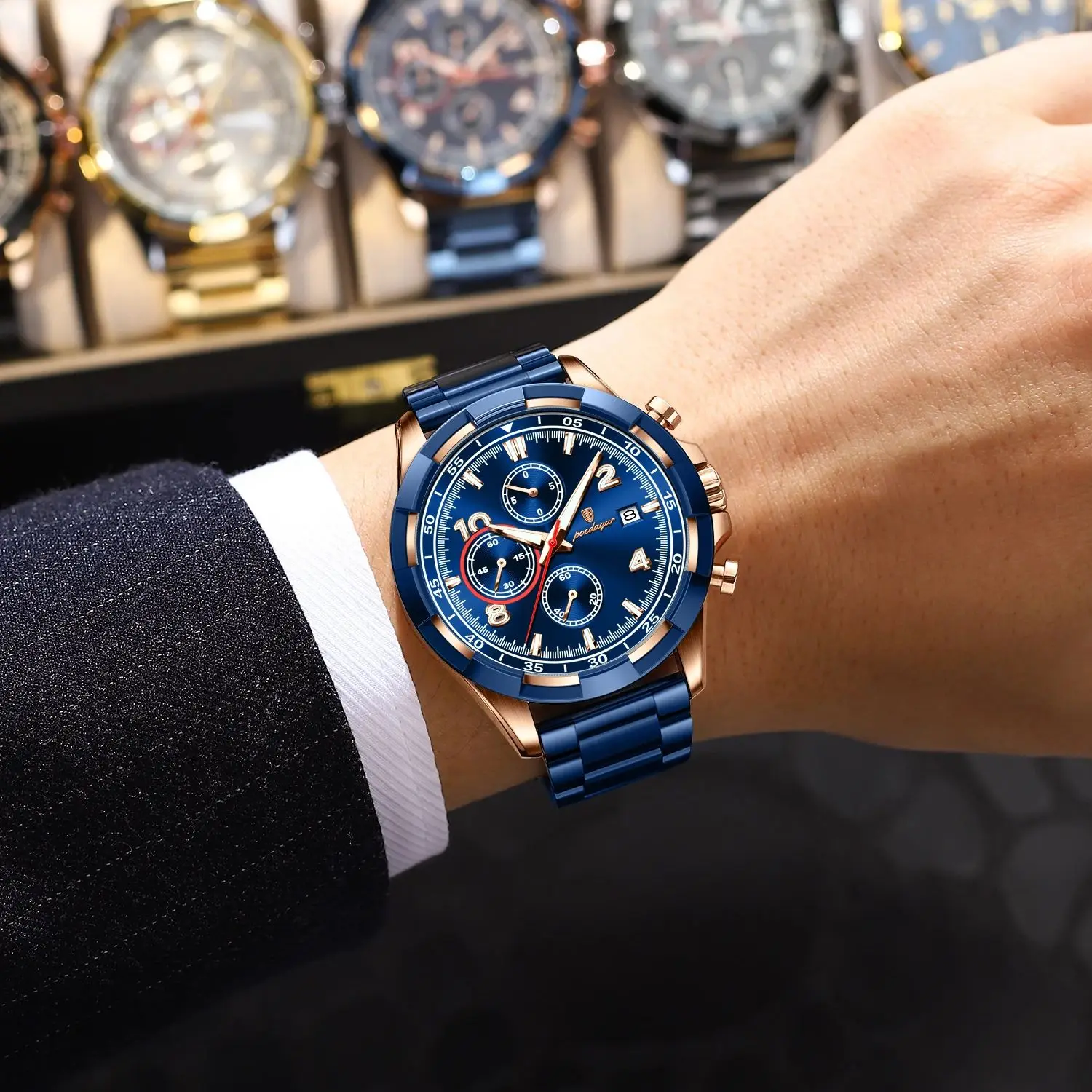POEDAGAR العصرية ساعة رجالي مضيئة مقاوم للماء الفولاذ المقاوم للصدأ ساعة رجالية كرونوغراف تاريخ الرياضة ساعات كوارتز للرجال Reloj