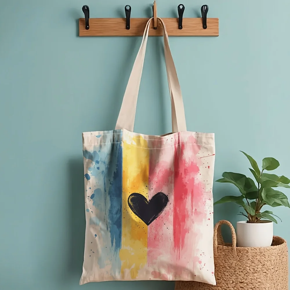 Watercolor Colorful Heart Canvas Tote Bag Abstract Brush Stroke Print Large Capacity Shoulder Bag Casual Daily Shopping Handbag
