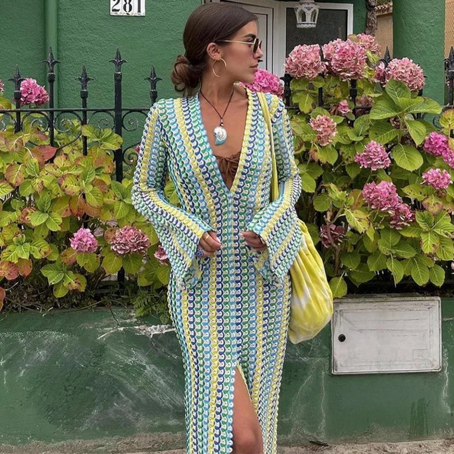

Crocheted color striped long dress, high slit sexy long dress, beach party dress, beach skirt, bikini cover-up, swimsuit jacket
