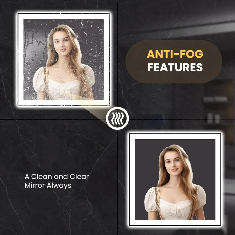 Miroir de salle de bain éclairé par 32 LED encadré noir avec antibuée, éclairage à intensité variable et verre trempé