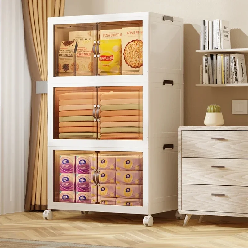 Foldable Wardrobe Containers with Wheels Multi-Layer Floor-Standing Box Living Room Shelf Multifunctional Kitchen Cabinet