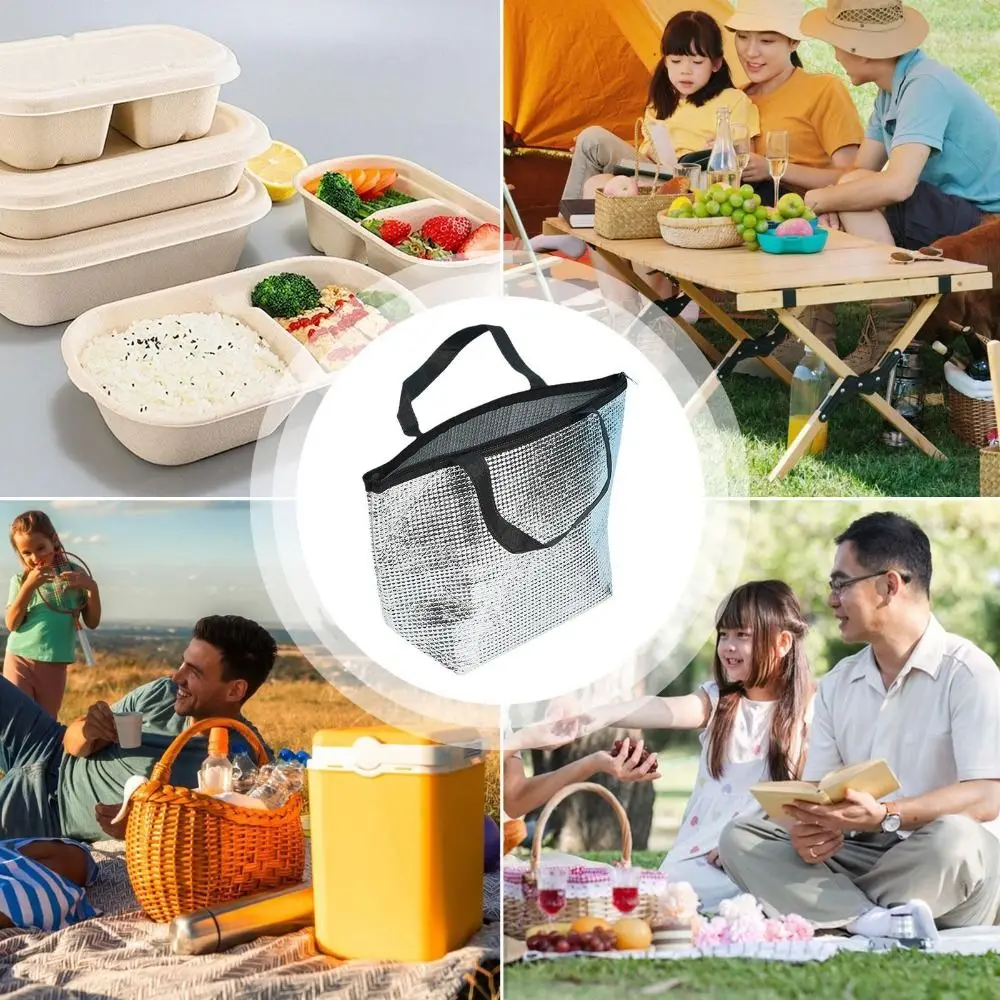 New Aluminum Foil Lining Lunch Bag Pearl Cotton Padding Handheld Thermal Tote Silver Reusable Food Storage Bag Carrying