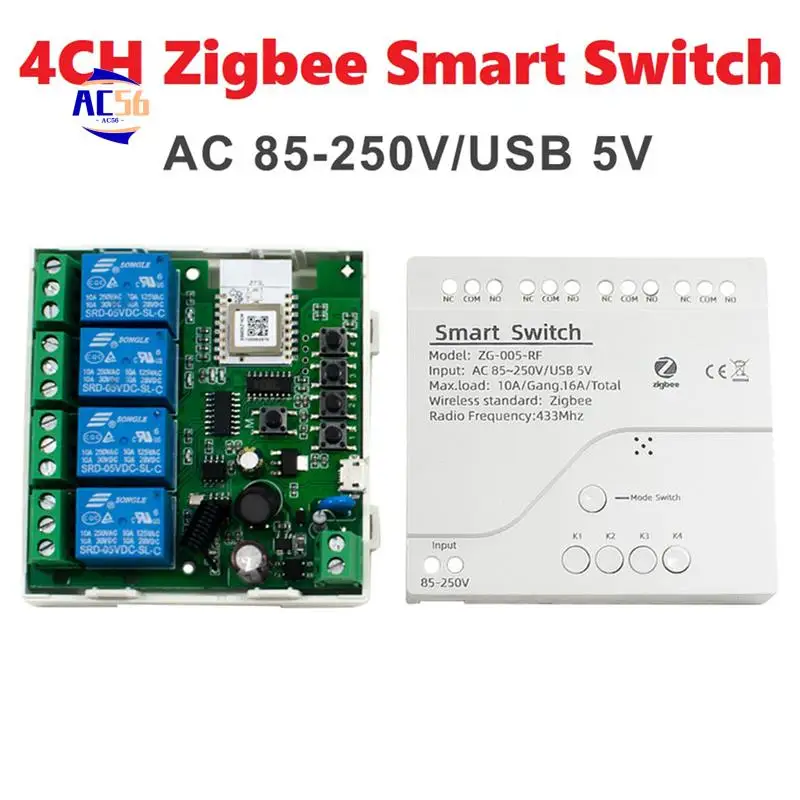 

AC56-4CH Tuya Zigbee модуль умного переключателя 85-250 В реле умный дом пульт дистанционного управления работает со шлюзом для Alexa Google Home Access
