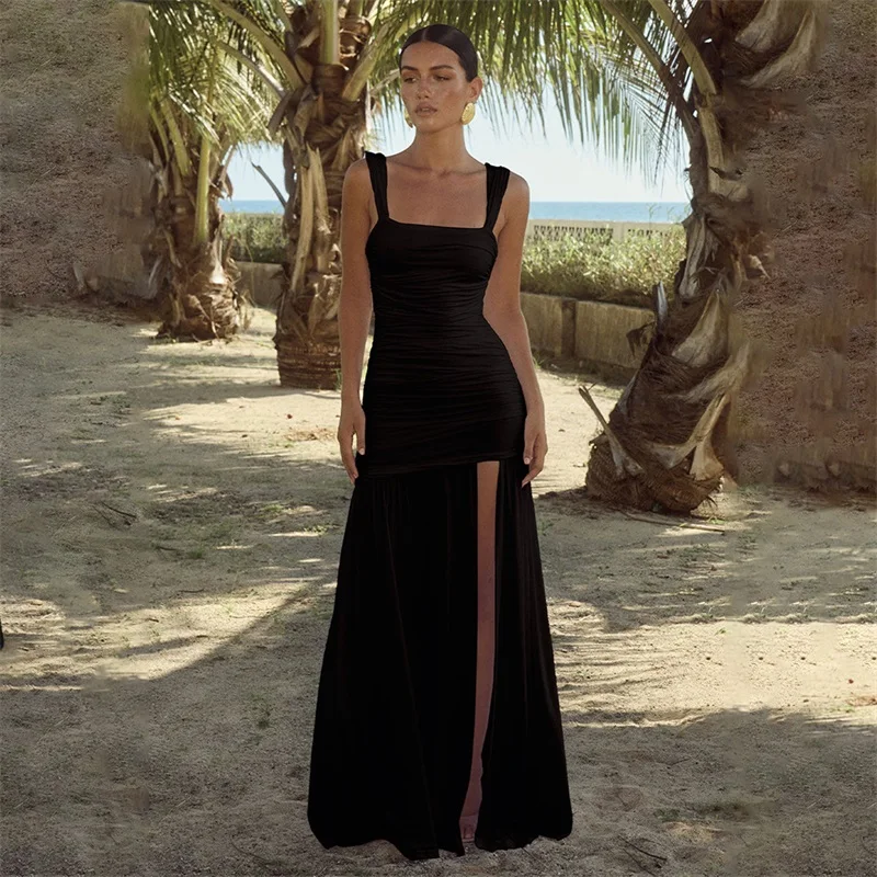 Vestido de graduación con cuello cuadrado y tirantes anchos para mujer, vestido de fiesta plisado con abertura lateral, sin espalda, falda de noche sin mangas de cintura alta, el más nuevo