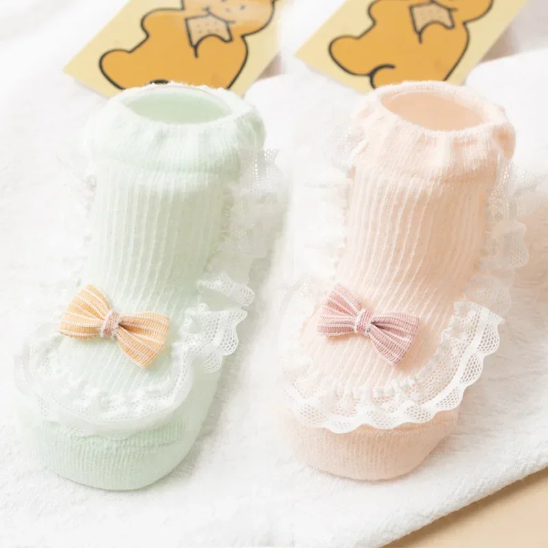 2Pairs Spring Summer Thin Cotton Newborn Infant Baby Girls Socks Toddler Children Cute Lace bow Short Stockings 0-3 Years Old