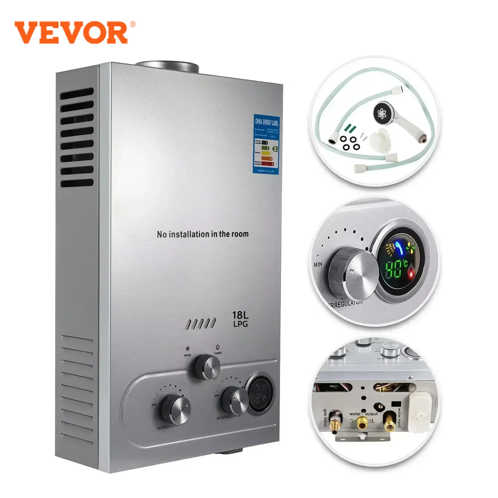 VEVOR 6L/8L/10L/12L/16L/18L LPG Propane Gas Instant Hot Water Heater Boiler Outdoor Stainless Steel