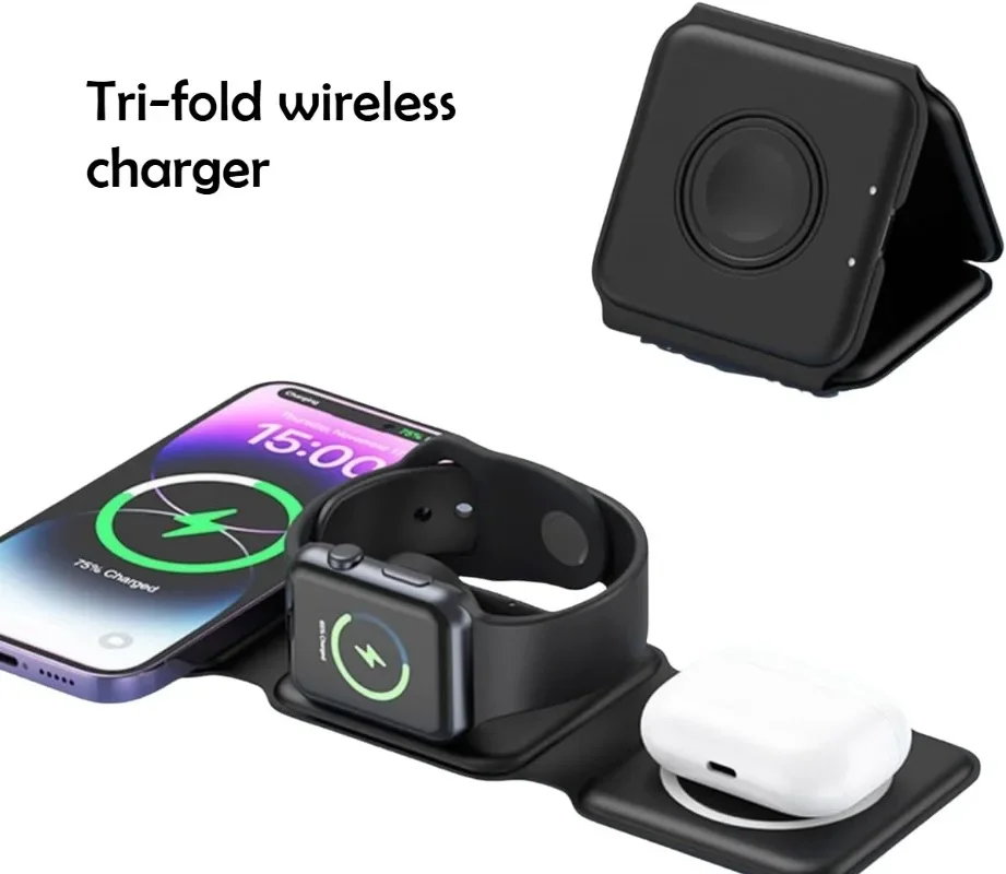 15 W 3-in-1 faltbare magnetische Powerbank und kabelloses Ladegerät – Autoaufladung, Apple-Schnellladung, Sprühgummi-Ölbeschichtung