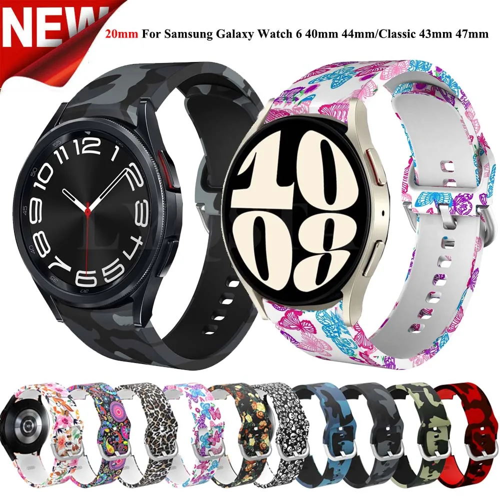 Ремешок силиконовый с принтом для Samsung Galaxy Watch 6 5 4 40 мм 44 мм, браслет для Galaxy Watch 6 Classic 43 мм 47 мм 5 Pro 45 мм