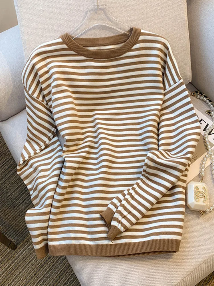 

2022 Autumn New Korean Style Pullovers Sweaters Casual Loose Striped Knitted Tops Long Sleeve Crew Neck Female Jumpers