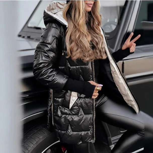 2025 Women's Winter New Collection European and American Hooded Cotton Clothes Medium to Long Length Cotton Clothes Solid Col