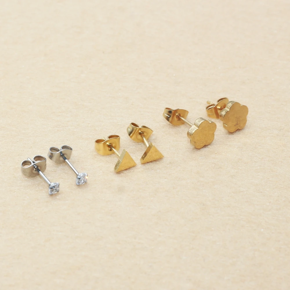 Brief Style Men Women Stainless Steel Stud Earrings Flower Triangle Design Golden-Color Plated No Easy Fade Anti-Allergy