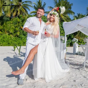 Plaj Boho Dantel Aplike Gelinlik V Yaka Özelleştirilmiş Katmanlı A Hattı Seksi Yan Bölünmüş Şifon Gelin Törenlerinde vestidos de novia