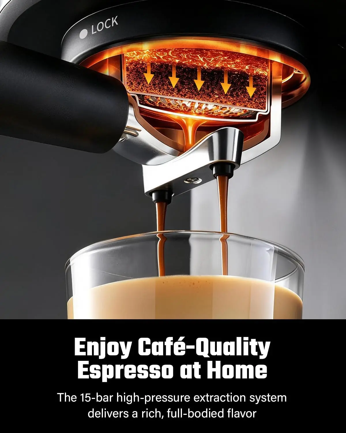 Espresso Machine 15 Bar with Milk Frother and LED Touchscreen, Black - Single & Double Shot Capability, Strong Steam Wand, 40.6o