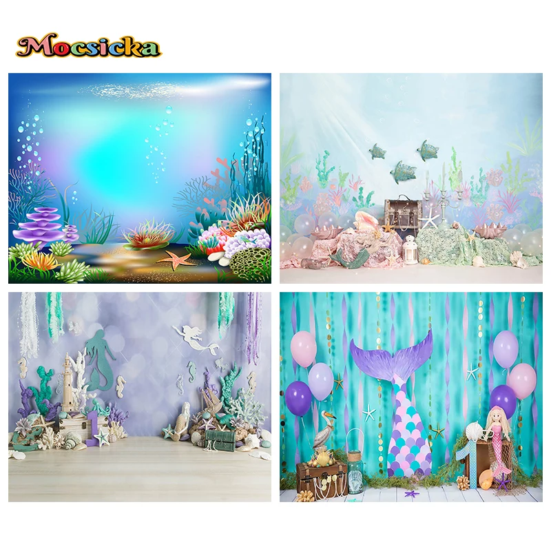 Mocsicka Mermaid Decoration Photography Background Sea Treasure Adventure Girl Kid Baby One Birthday Party Banner Backdrop Props