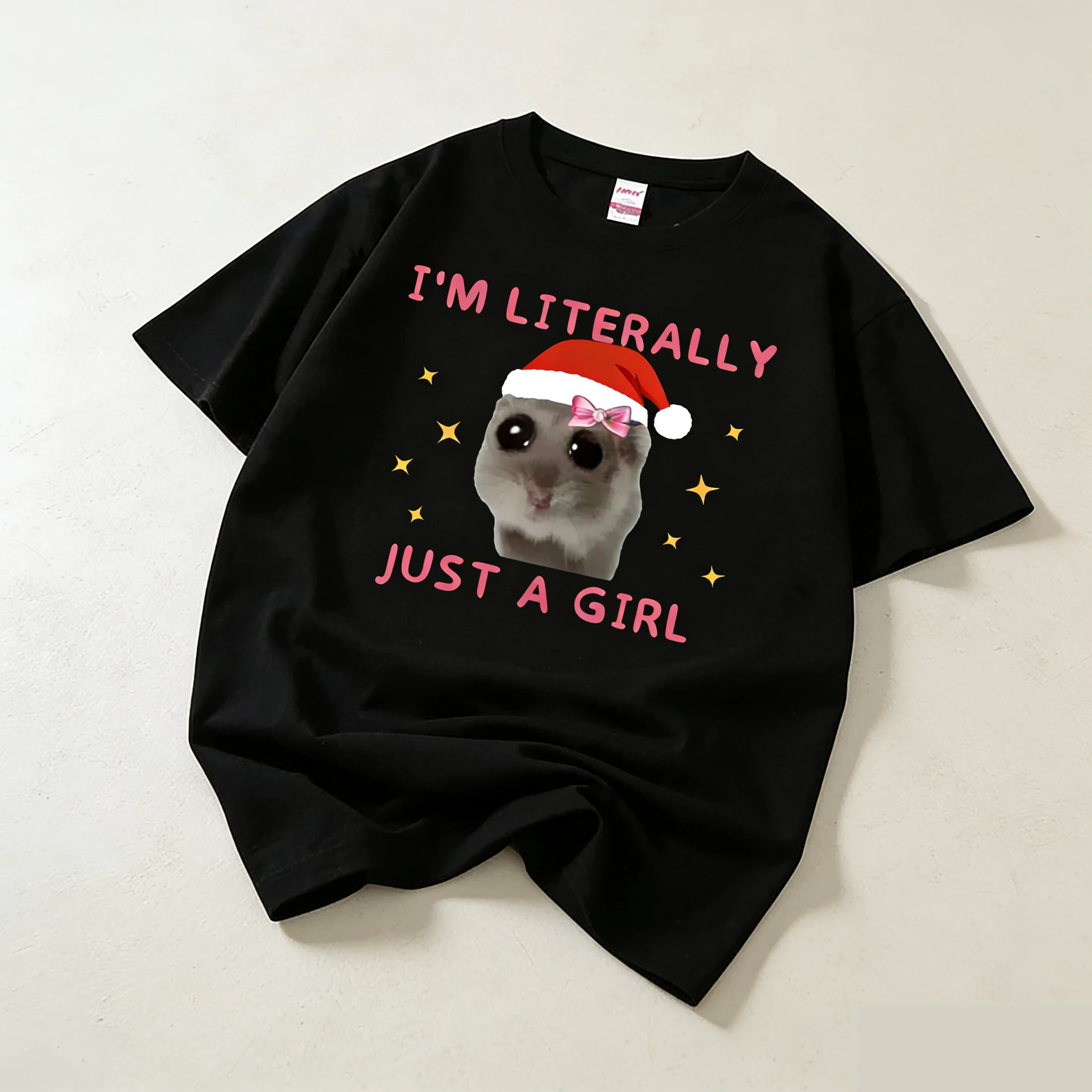 Hamster triste, je suis juste petite fille t-shirt col rond ample t-shirts graphiques drôles unisexe Couple correspondant haut Streetwear
