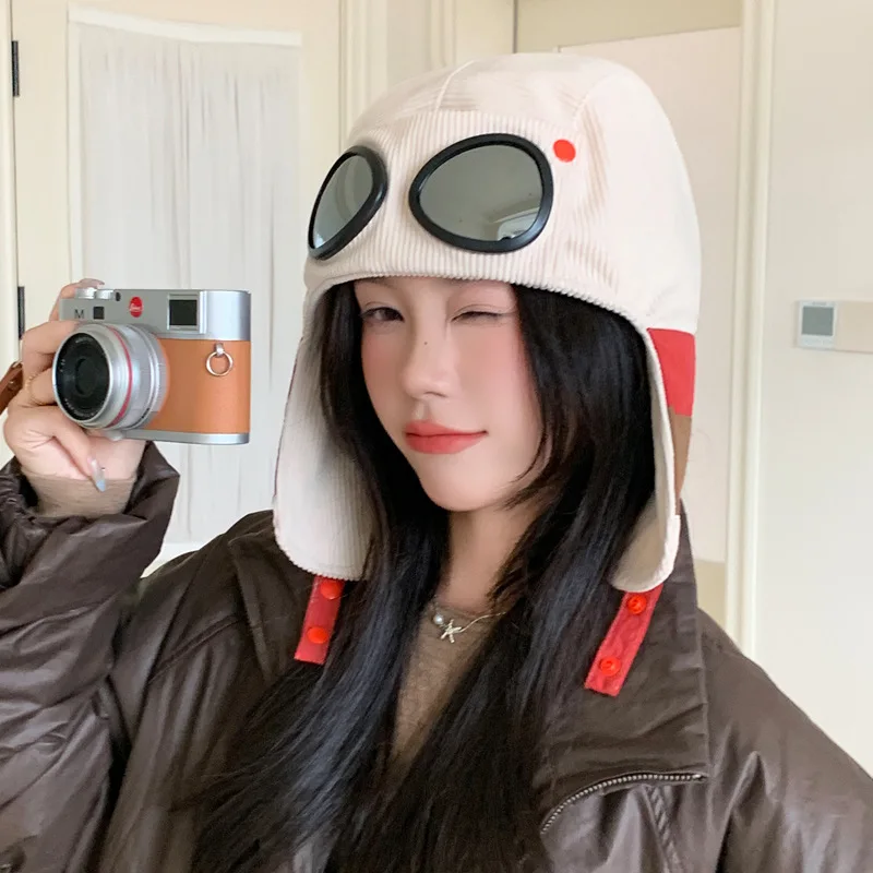 

New Autumn Winter Hats men's women's Velvet Warm Hats Goggles Flying Hats Versatile Windproof Ear Hats Gorras Cappello 4m736