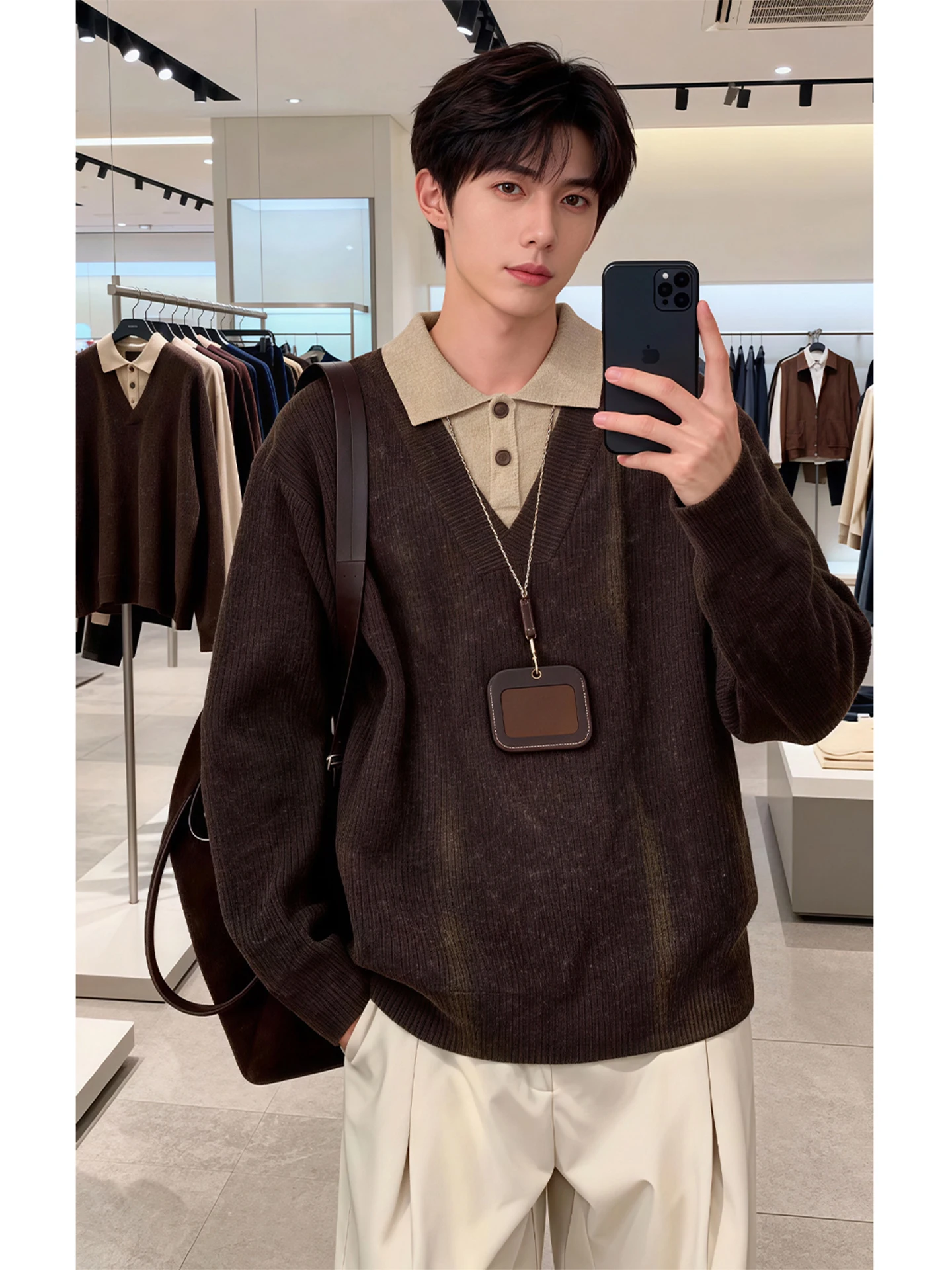 

Мужской зимний свитер из трикотажа с эффектом карамели, имитация двухслойного кроя, свободный крой, длинный рукав, на пуговицах, повседневный стиль