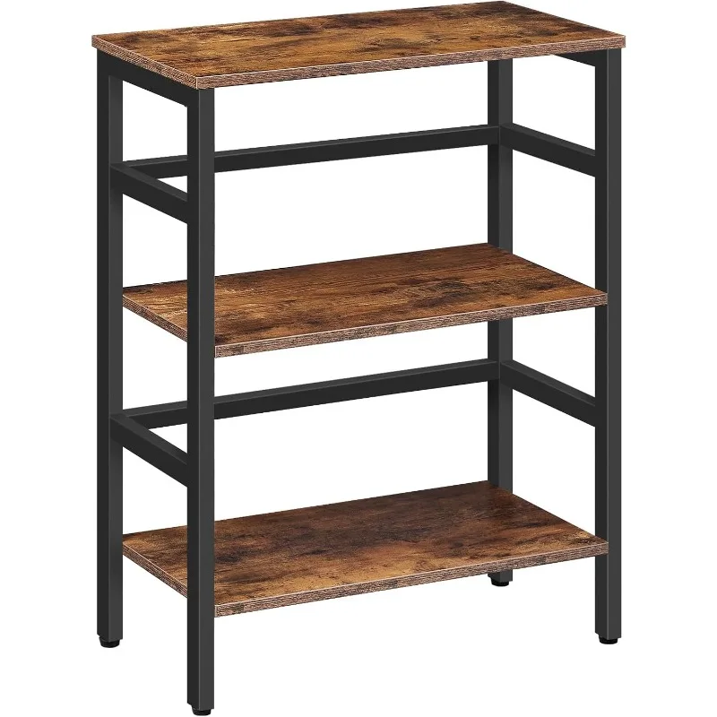 

3 Tier Bookshelf, 23.6"L Industrial Bookcase, Record Storage Rack with Side Fence, Wood Storage Shelf with Metal Frame, Rustic