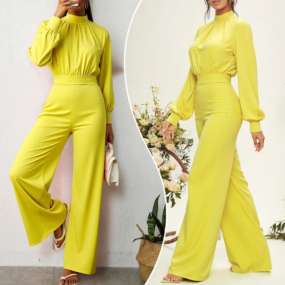 

Women's Wide Leg Pants Jumpsuit Autumn Winter Fashion Stand Neck Lantern Sleeve Rompers Casual High Waist Jumpsuits