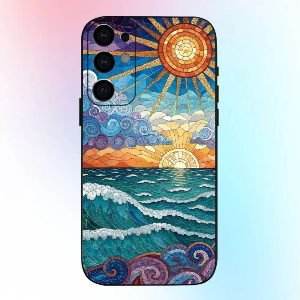 Glass Printed Sun & Moon  Phone Case For Samsung S25,S24,S21,S22,S23,S30,Ultra,S20,Plus,Fe,Lite,Note,10,9,5G Black Cover