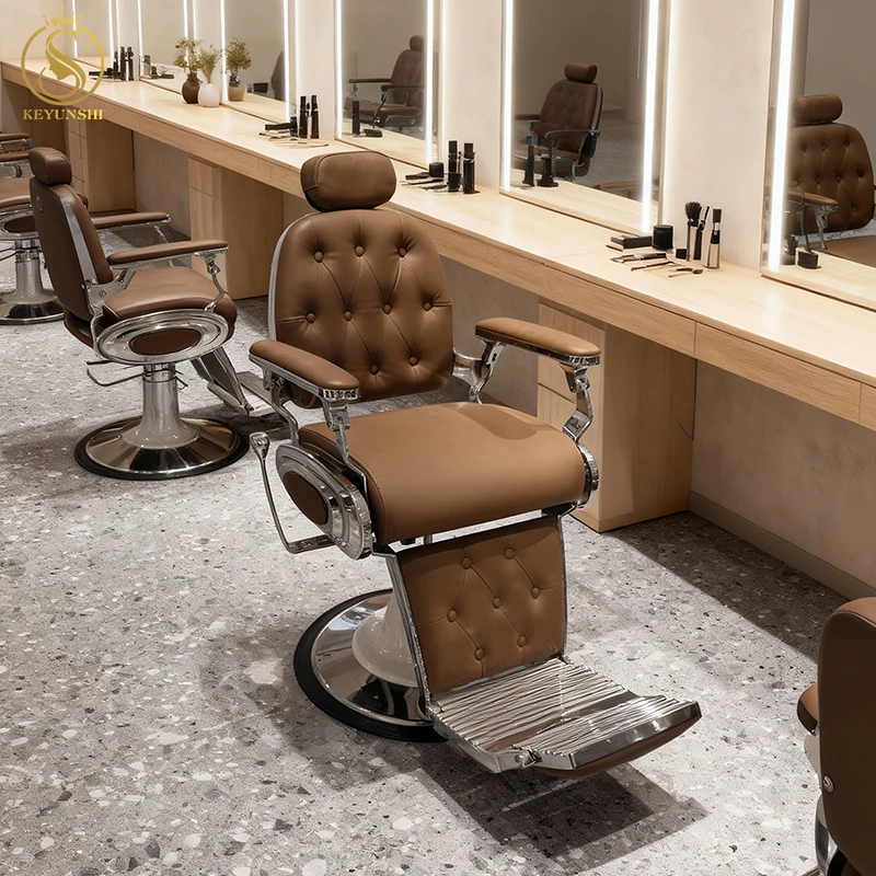 Premium Brown Leather Professional Heavy Duty Hydraulically Adjustable Reclining Luxury Retro Men's Barber Shop Chair