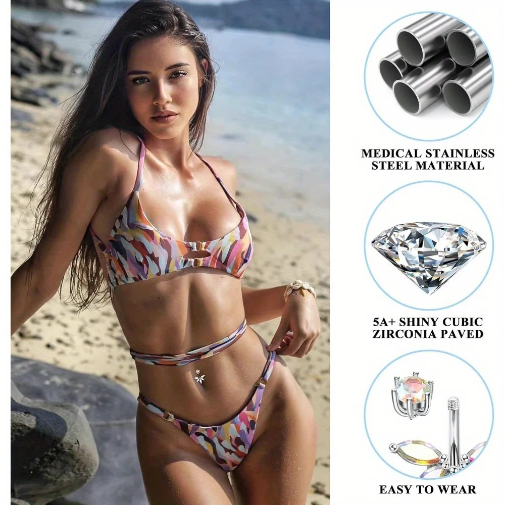 CASSIECA 1Pc 316L Surgical Stainless Steel 14G Nipple Rings Belly Button Rings for Women Curved Navel Barbell Piercing Jewelry