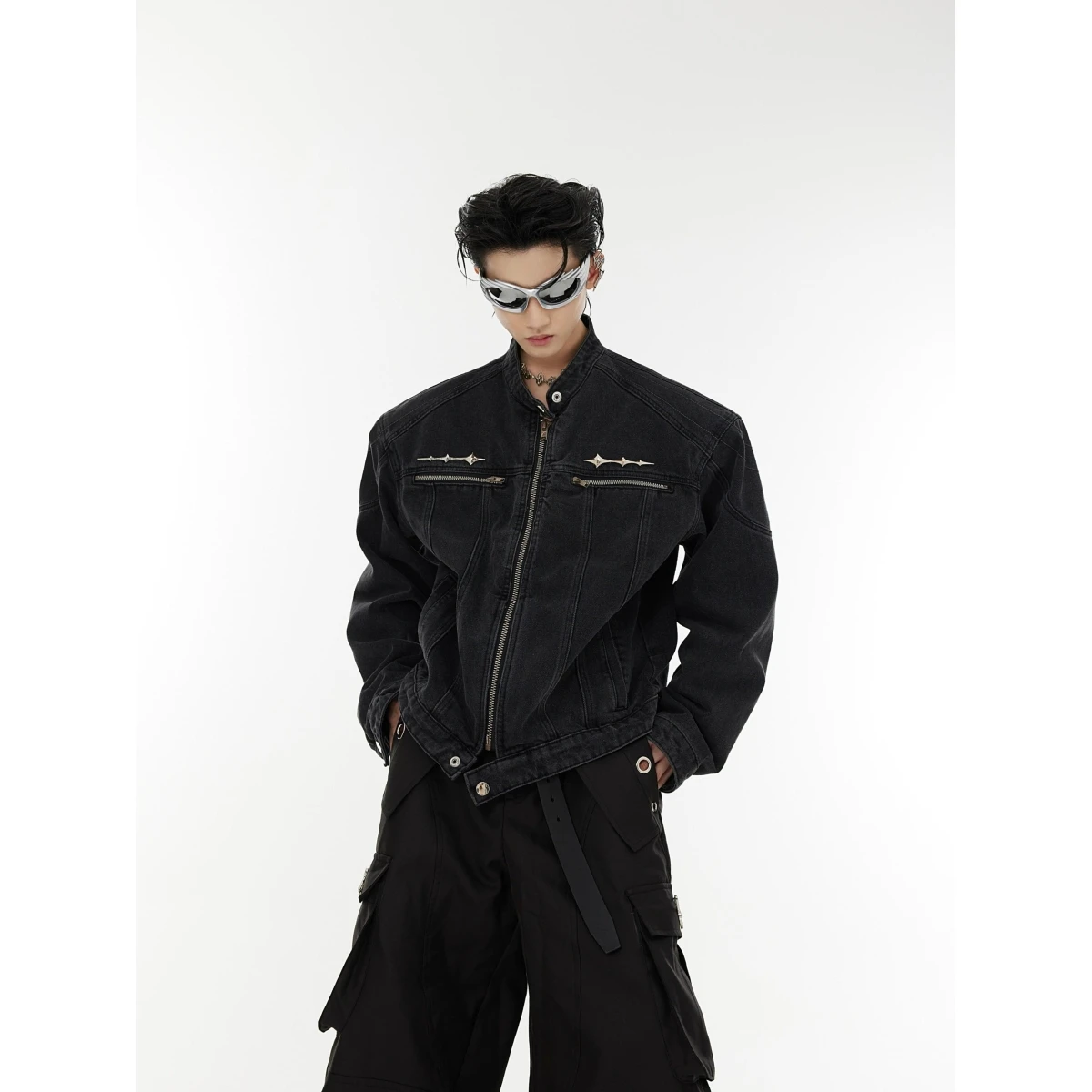 Rugged Slim Fit Men's Denim Jacket Heavyweight American Style Washed in Fashion Stand Collar Hip Hop Trendy Casual Coat