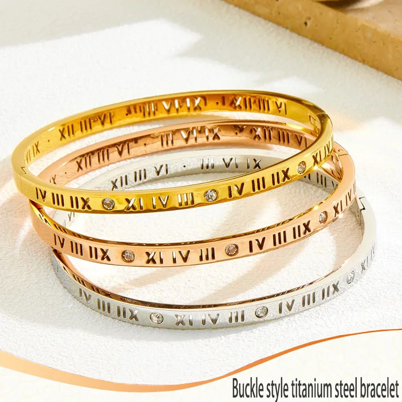 316L titanium steel electroplated hollow Roman numeral bracelet with 360 degree fine polishing and grinding