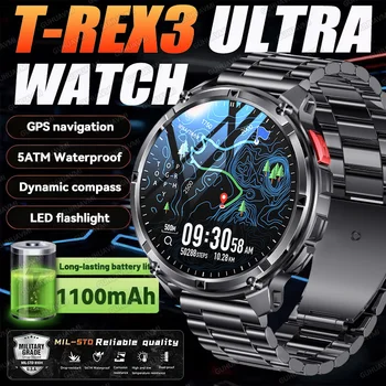 Nowy smartwatch wojskowy T-Rex3 Ultra 1100mAh dla mężczyzn z 2026 roku, ekran 1.7 cala AMOLED, GPS, śledzenie trasy, wodoodporność 5ATM, kompas, latarka LED, kompatybilny z iOS.