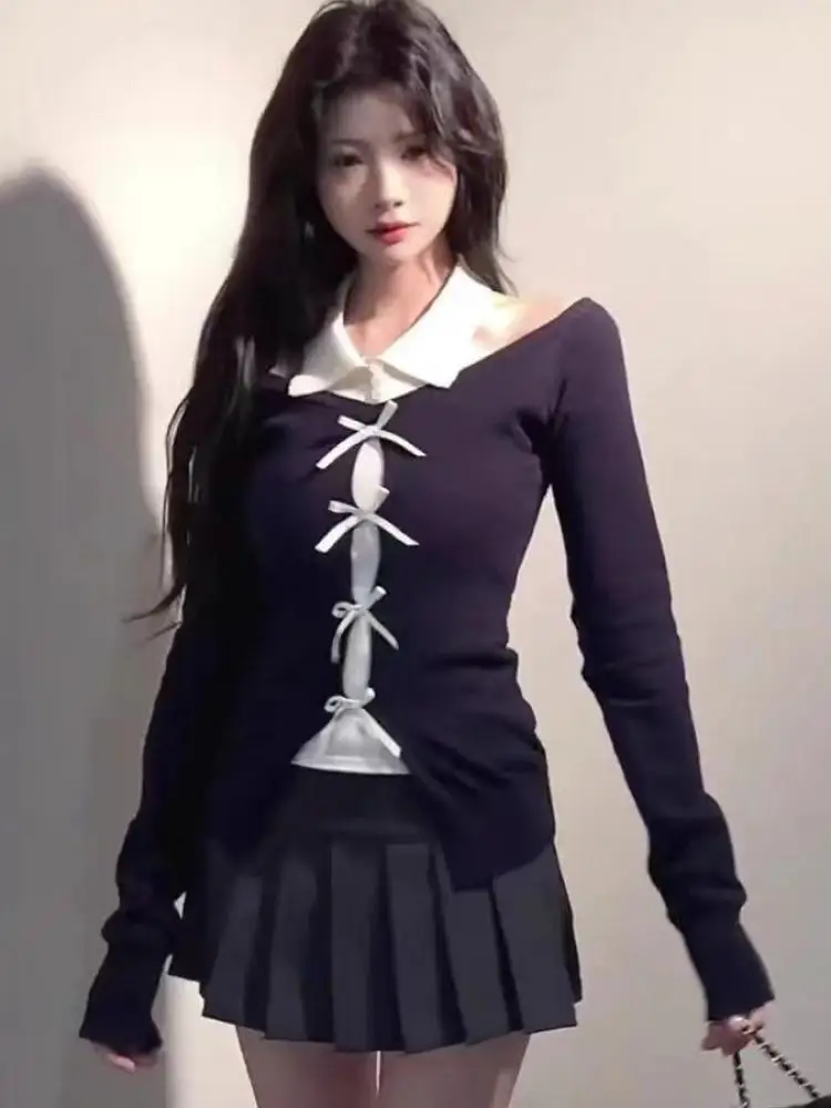 

Korean Blue Patchwork Elegant Off Shoulder Bow Button Sweater Women Long Sleeve Holiday Irregular Knit Tops 2024 Autumn Popular