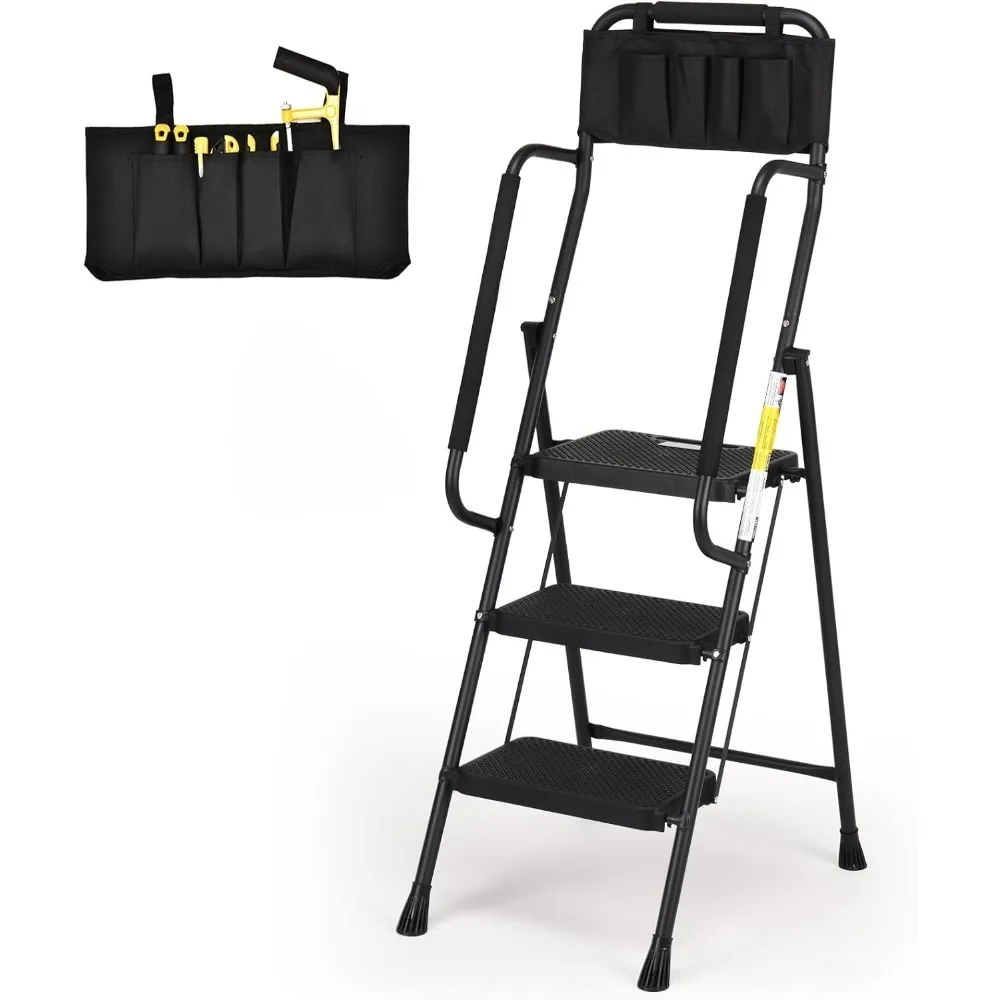 

Folding Step Stool with Handrails Anti Slip Wide Pedal Attachable Tool Bag for Home Kitchen Pantry Office Black