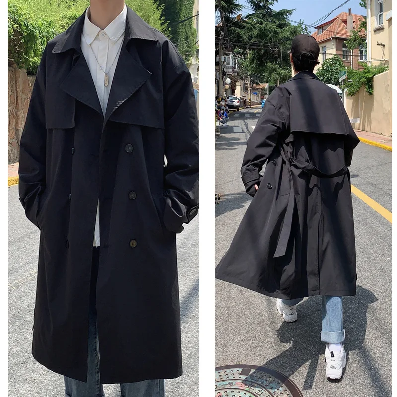 

Korean style Spring Trench Coat Male Streetwear Windbreaker Trenchcoat Men Solid Business Casual Loose Long Overcoat best sales