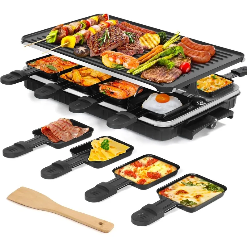 Raclette Table Grill,Electric Griddle Korean BBQ Grill Indoor Grill,2 in 1 Electric Griddle Nonstick with 8 Raclette Cheese Pans