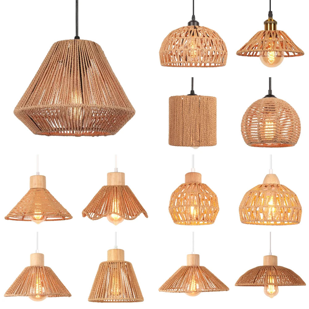 Hemp Rope Woven Pendant Light Shade Vintage Industrial Rattan Hanging Lamp Boho Ceiling Chandelier Living Room Lighting Fixtures