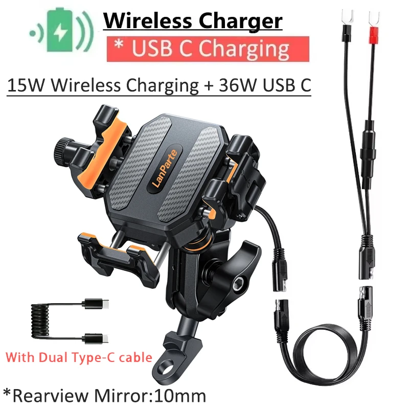 Apex Rush New Motorcycle Phone Holder 15W Wireless Charger/36W USB C Fast Charging Anti-Theft Shockproof Motorcycle Bike Scooter