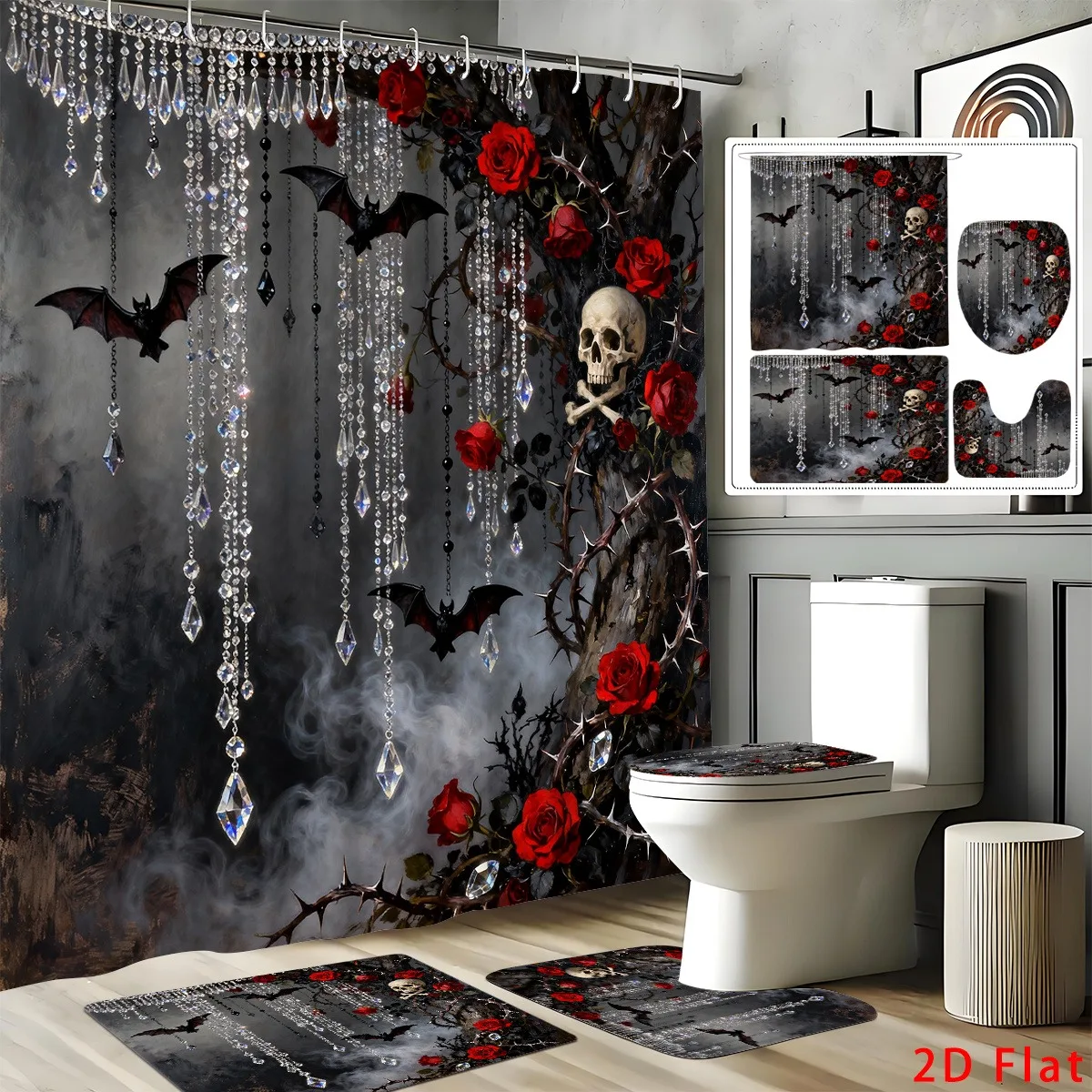 Halloween Shower Curtain Pinkoween Gothic Curtain Black Cat Quick-dry Durable Waterproof Bath Curtain, 12 Hooks, 3pcs Floor Mat