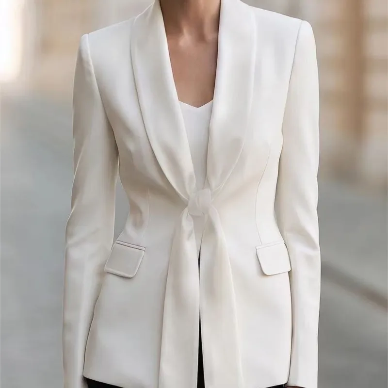2026 New Women's Autumn And Winter Suit Jacket Solid Color V-neck Ribbon Bow Fashion Unique Niche With Design Sense Suit Jacket